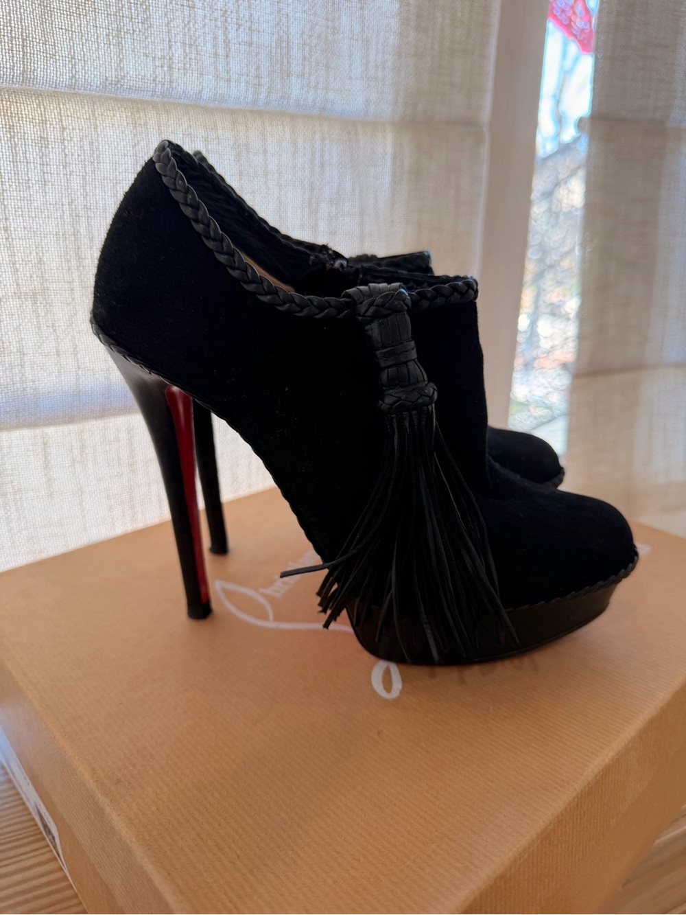 Christian Louboutin Black Suede Tassel Platform Booties - Picture 3 of 5
